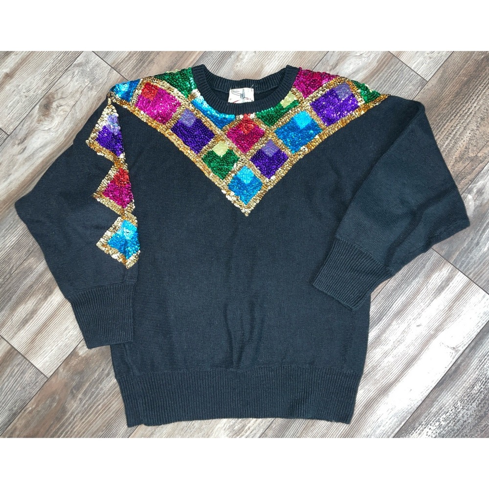 VTG SML Sport Ltd Black Sequins Sweater Large 90s Grandma Sweater